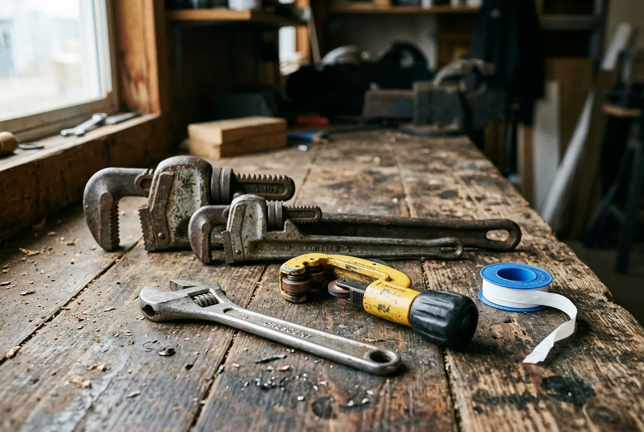 Pipe wrenches and plumbing hand tools arranged on a workbench in natural light