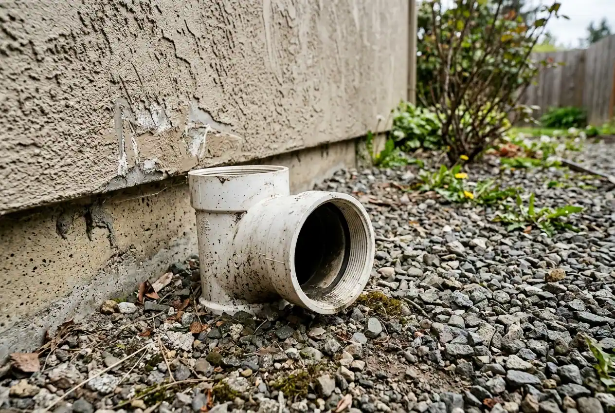 A drain cleanout access fitting opened at ground level beside a residential foundation