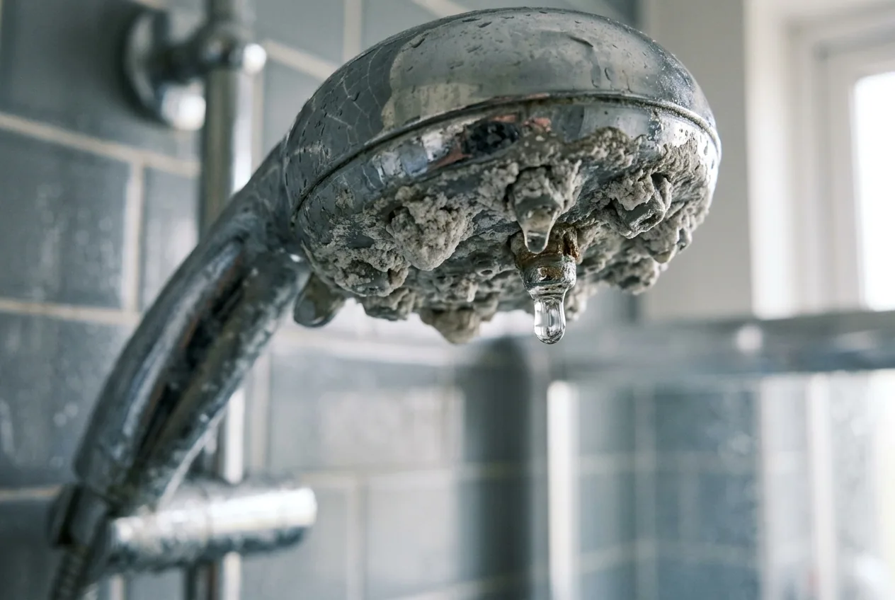 Heavy white limescale deposits crusted around the nozzles of a chrome shower head