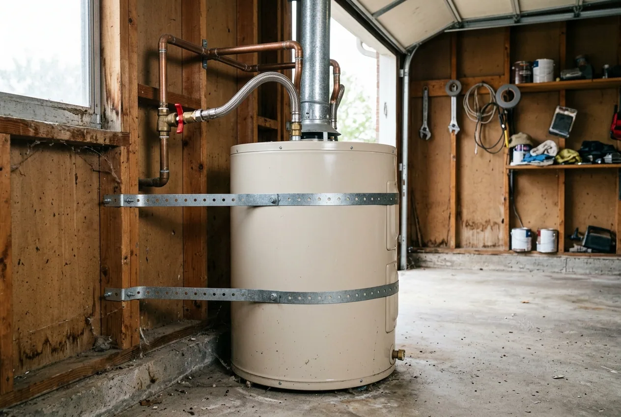 A residential storage water heater in a garage with its cold inlet shut off valve and flexible connectors