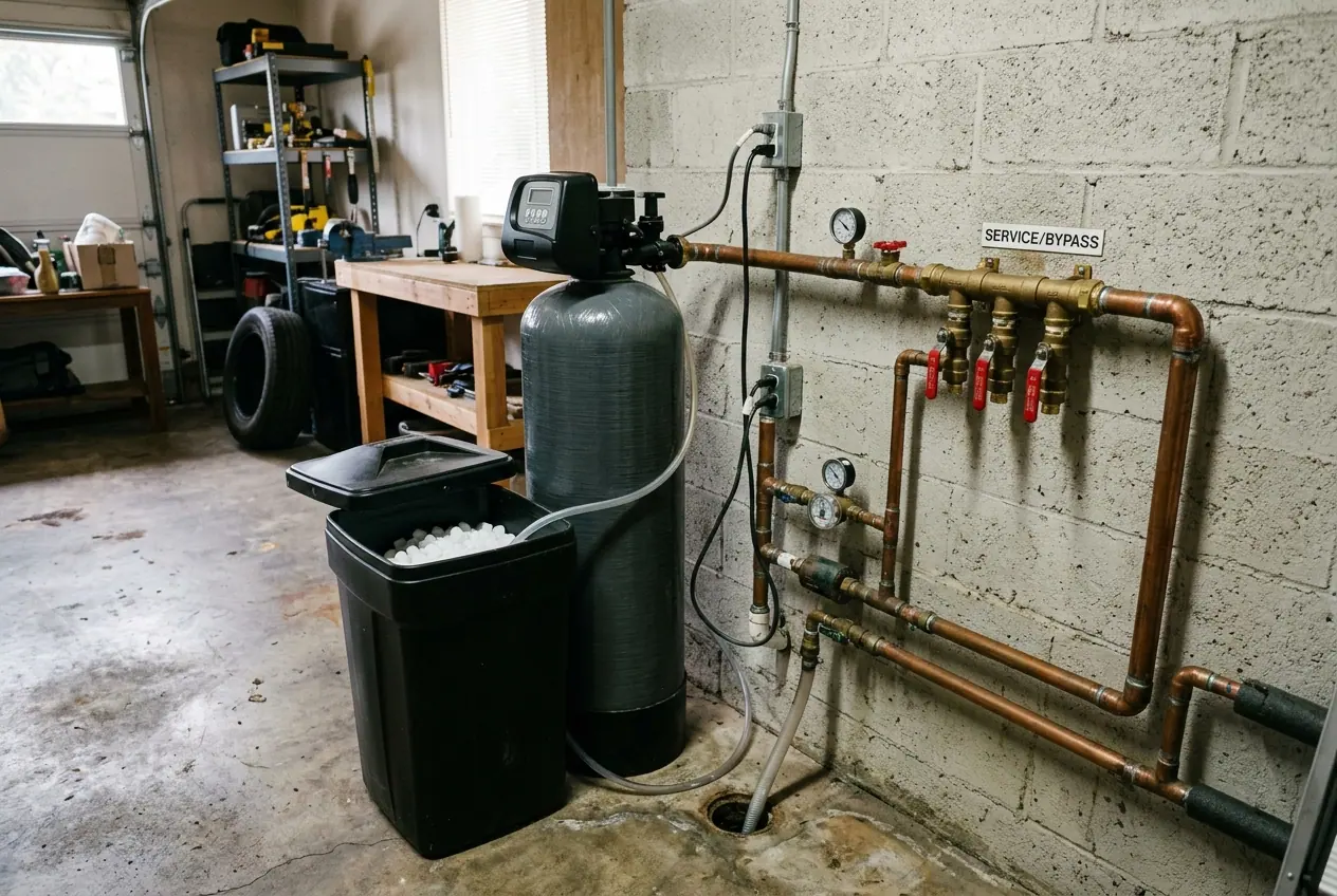 A residential water softener and brine tank installed on a garage wall beside copper supply pipework